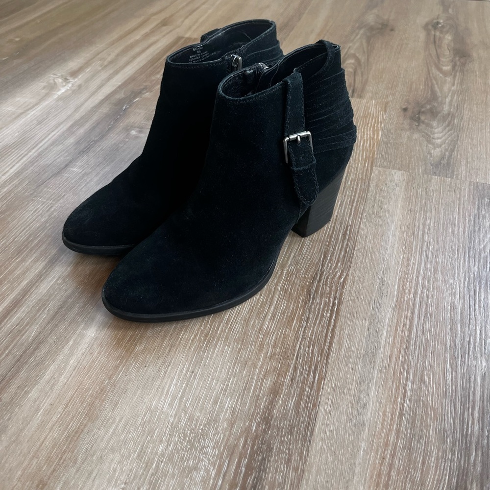 black suede mock material, ankle boots